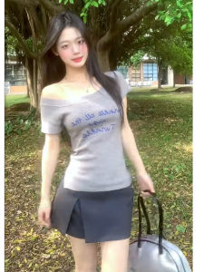 BINKAFENNY | American Style Grey Letter One Shoulder Knitted Short Sleeve T-Shirt Women Summer Slim Fit Pure Desire Shoulder Baring Short Hot Girl Top
