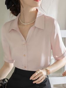 Pink Short-Sleeved Shirt for Women Summer V-neck Silk Surface Clothing Interview Business Suit Elegant Womens Blouse