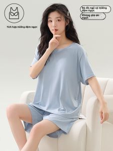 Bộ Đồ Ngủ Cotton Lụa Modal Mùa Hè 2024 Cho Nữ Có Đệm Ngực Tay Ngắn Quần Short Mặc Nhà Phong Cách Đơn Giản Mặc Mùa Hè