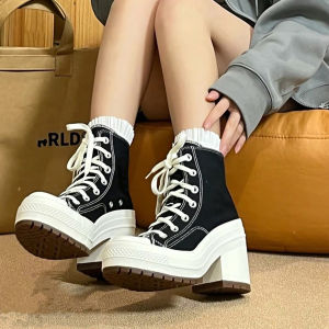 DIANCHA | Round Toe Canvas Lace-Up Chunky Heel Ankle Boots