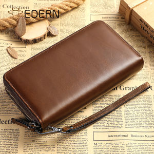 EDERN Genuine Leather Clutch Bag for Men Retro Luxury Long Wallet Mens Purse Wristlet Cowhide Zipper Wallet Card Holder Phone Pouch