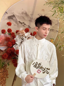 New Chinese Style Mens Shirt Bamboo Leaf Design Engagement Fashion High-End Sensation Cool Sensation Tang Costume Modified Version