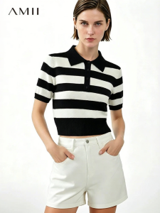 AMII | New Summer Polo Collar Stripe Slim Short Sleeve Knit Top
