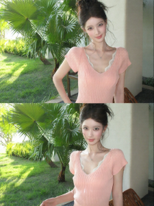 THROUS | Bộ Quần Áo Knit Mùa Hè Ôm Sát Có Vòng Cổ Deep V Và Họa Tiết Ren