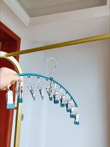 Stainless Steel Clothes Hanger with 10 Clips Windproof Space Save Underwear Socks Drying Racks