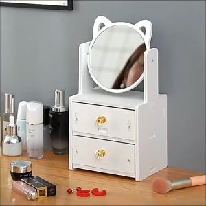 HomiesTrends Cat Ear Makeup Mirror With Jewelry Compartment Drawer Cosmetic Organizer Table Decor