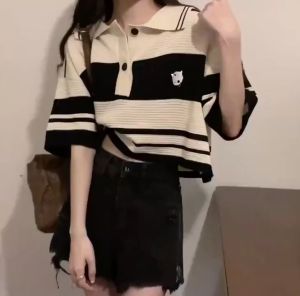 🔥[C049] Áo len thun Montoghi dệt kim nữ QC cổ polo DÁNG RỘNG RETRO tay ngắn Quảng Châu - kholenqc