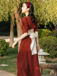 French Style Elegant Red Dress Womens 2025 New Holiday Dress Maid of Honor Gown Evening Long Skirt Casual High Waist Polyester Fiber