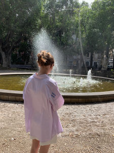 Áo Sơ Mi Cotton Rộng Rãi Kernel Cosmos Island Line Spectrum Áo Sơ Mi Kẻ Sọc Thêu Phong Cách Pháp Mùa Hè Thường Ngày Áo Sơ Mi Cổ Bẻ Dài Tay