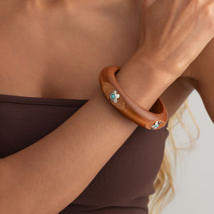 Ingemark 3 Styles New Smooth Wooden Chunky Bangles Bracelet for Women Ethnic Style Inlaid Flower Stone Hand Chain Party Jewelry