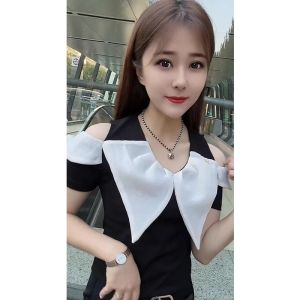 Áo Thun Tay Ngắn Cổ Chữ V Thắt Nút Bướm Thời Trang Mùa Hè Mới Cho Nữ Áo Thun Ôm Vừa Vặn Che Giấu Mỡ