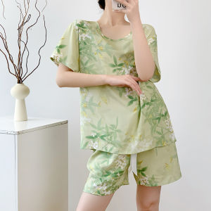 ชุดนอนผ้าไหมคอตตอนสำหรับผู้หญิงในช่วงฤดูร้อน แขนสั้นหลวมๆ ผ้าฝ้ายเทียม ชุดนอนสำหรับใส่ในบ้าน ชุดกางเกงขาสั้นสำหรับใส่กลางแจ้ง ชุดนอนผู้หญิง