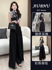 Elegant Womens Summer 2025 Slim Fit T-Shirt Wide Leg Pants Two Piece Set Half High Collar Short Sleeve Ink Painting Design