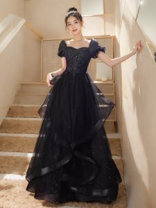 Elegant Black Dress for Women Birthday Party Hostess Graduation Ball Gown Floor Length Short Sleeve Elegant Style Midi Dress