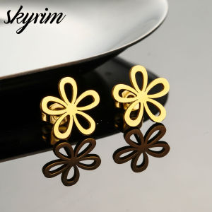 SKYRIM Titanium Steel Stud Earrings Flower Shape Womens Earrings Fashion Jewelry