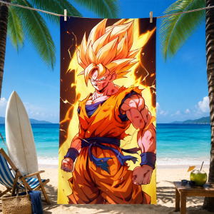 Bandai | Dragon Ball Goku Super Saiyan Beach Towel Fiery Aura Anime Print Microfiber Quick Dry Towel for Beach Pool Gym Anime Fan Vacati