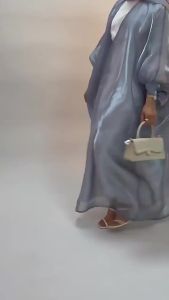 Summer Eid Djellaba Abaya Dubai Shiny Soft Puff Sleeves Muslim Dress Silky Abaya Dubai Turkey Muslim Dress Islam Abayas WY800