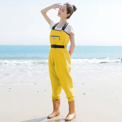 Womens Overall Waterproof Fishing Pants with Rain Boots Beach Seafood Gathering Outdoor Camping Travel Gear PVC Material