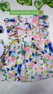 Dress Gaun Pesta Anak Perempuan Motif Forest Pink Gaya Korea
