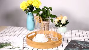 Round Serving Bamboo Wooden Tray for Dinner Trays Tea Bar Breakfast Food Container Handle Storage Tray