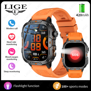 LIGE | LIGE Smart Watch 5ATM Outdoor Sports GPS Trackr Flashlight 1.96 HD Display Screen Bluetooth Call Fitness Watches For Android IOS