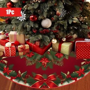 VIKAMA Christmas Tree Skirt in Red and Gold with Bow Design Home Gathering Party Christmas Decorations