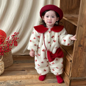 Thickened Fleece Winter Romper Baby Girl Clothes New Year Celebration Outfit One Year Old Birthday Dress Korean Style Cotton Polyester