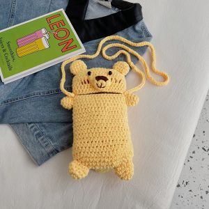 Fall Winter Knitted Bear Mobile Phone Bag Womens Fashionable Crossbody Mini Bag Soft Plush Material Cartoon Style Single Shoulder
