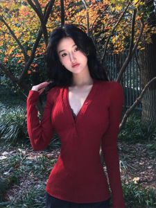 Slim Fit Red V-Neck Base Shirt Womens Top Fifth Day 2024 Autumn Winter Commute Style High Waist A-Line Skirt Long Sleeve