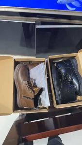 Brown leather lace-up boots with side zipper and thick soles Mid-top flat boots