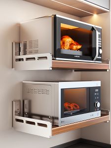 Stainless Steel Kitchen Microwave Storage Rack Wall Mounted Punch Free Multi Functional Oven Rice Cooker Organizer Holder