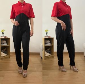 ●ECLAIRE● 0IS Long Jumpsuit lengan pendek 2tone twotone Two-tone Babyterry Leher asimetris Kasual Casual Santai Liburan