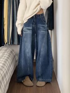 กางเกงยีนส์ทรงหลวมเอวสูงสไตล์อเมริกันย้อนยุคสำหรับผู้หญิง กางเกงขายาวทรงหลวมสีเข้ม ทรงหลวม ทรงหลวม สไตล์ฤดูใบไม้ร่วง