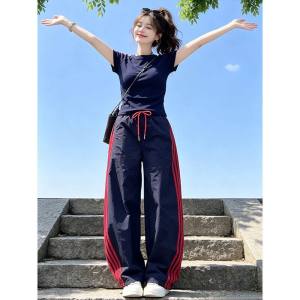 LIANGYILAILIN | Casual Sporty Outfit Stripe Short Sleeve Top Pants Set
