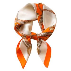 Womens Fashionable Orange Silk Scarf Versatile Shirt Neck Warmer Small Square Scarf Polyester Fiber Korean Style Print Design