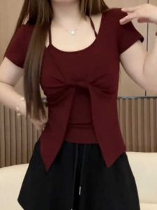 plus Size Womens Cotton Halter Neck Short Sleeve T-Shirt Summer Slimming Belly Covering Sweet And Spicy Top Korean Style