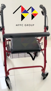 mppc รถหัดเดิน Aluminum Rollator พับได้ มีเบรกมือ สีเลือดหมู พร้อมตะกร้าใส่ของ อุปกรณ์ช่วยเดิน ที่หัดเดิน Rollator