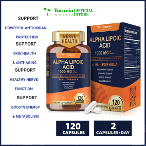 Axit Alpha Lipoic 1000mg - Thực phẩm bổ sung ALA chống oxy hóa hỗ trợ điều trị bệnh thần kinh tăng cường sức khỏe thần kinh giải độc gan chống oxy hóa thúc đẩy trao đổi chất và năng lượng tế bào chống lão hóa 120 viên.