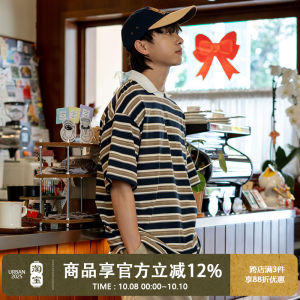 UrbanStandard Japanese Style Striped Polo Neck T-Shirt Mens Summer Loose Retro Versatile Casual Top Breathable Cotton Blend Fabric