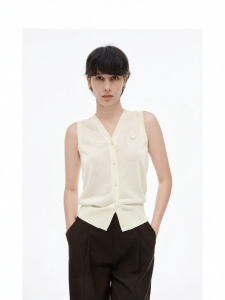 Linen-blend Beige Knit Loose V-neck Sleeveless Vest