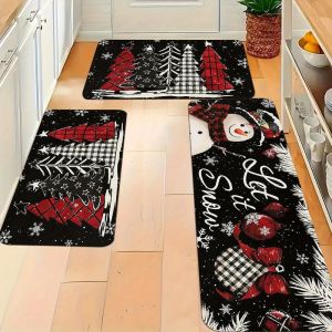 VIKAMA Christmas Kitchen Mat Buffalo Check Snowman Soft Non-Slip Hallway Rug Bedroom Bedside Rug Home Decor