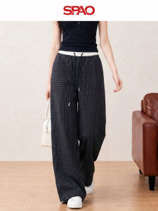 spao | Navy Check High Waist Wide Leg Pants