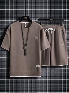 ROMON | Lomond Mens Summer Ice Silk Thin Sport Cool Feeling Short Sleeve Shorts Loose Casual Two-Piece Set Polyester Fiber T-Shirt