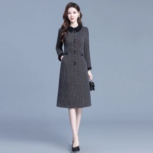 MAIMEI | Elegant Woolen Long Sleeve Dress Womens Autumn Winter Slimming High Waist A-Line Base Skirt For Older Women Maternity Wear