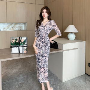 Impression Fashion Store Women Elegant V-neck Floral Half Sleeve Bodycon Slim High Waist Midi Slit Dress