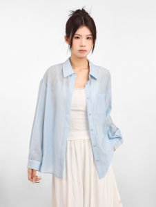 เสื้อเชิ้ตผู้หญิงแขนยาวบางๆ สีขาว ป้องกันแสงแดด ทรงหลวม ปกโปโล คอตั้ง แขนยาว ฤดูร้อน 2024 เสื้อเชิ้ตผ้าชีฟอง