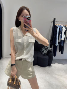 YUEZHONGWEI | French Collar Ice Silk Linen Knitted Cardigan Women Summer New Slim Fit Sleeveless Polo Shirt Top Comfortable Breathable
