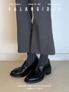 Leather Version Retro Commuter Genuine Leather Square Head Thick Heel Flats Women Slip-On Black Medium Heel Single Shoes