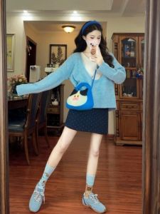 Korean Drama Main Character Style Short Skirt Set Casual Pure Color Autumn Long Sleeve A-Line Dress Three-Piece Womens Suit