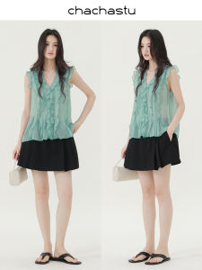 CHACHASTU | Áo Blouse Mùa Hè Phong Cách Pháp Xanh Cổ V Không Tay Dáng Rộng Ôm Sát